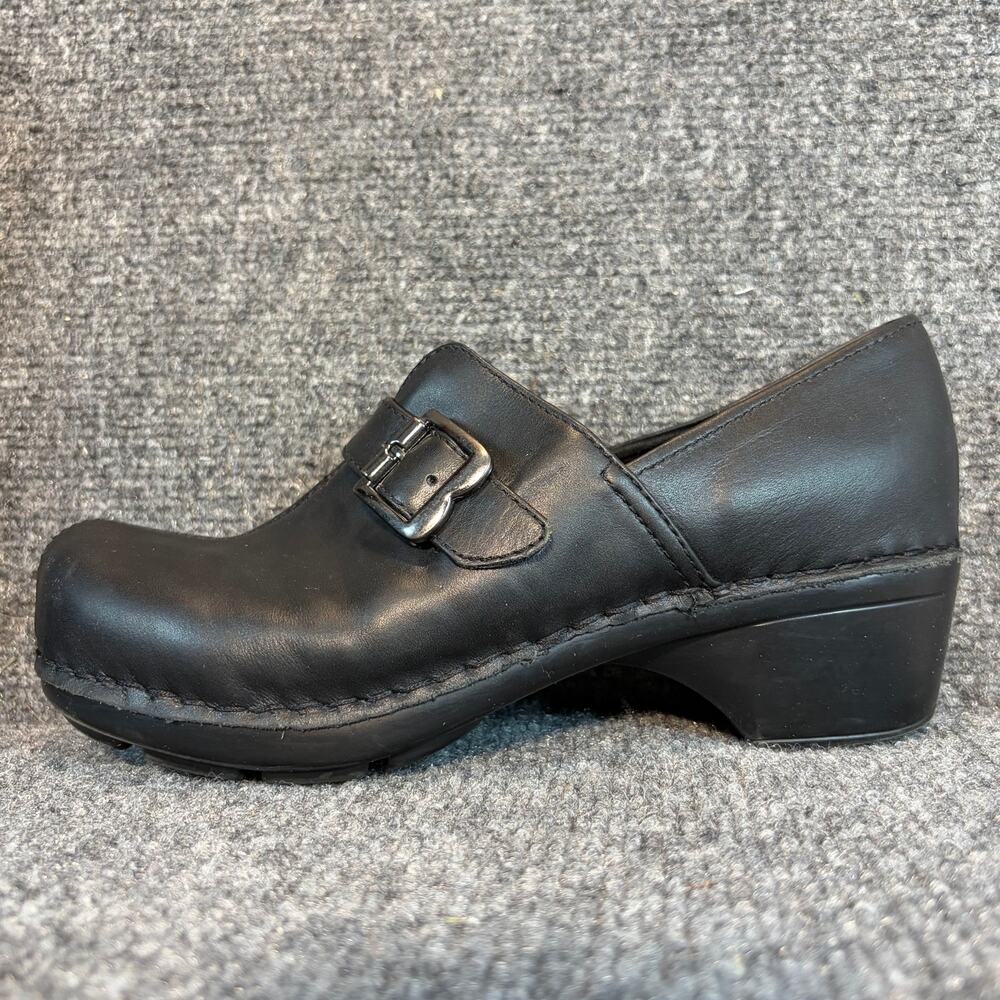 Bjorndal Black Leather Buckle Strap Clogs Wedge Comfort Mules Shoes Size 8.5